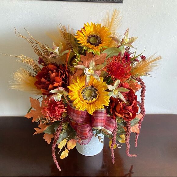 Fall Faux Floral Bouquet in White Jar With Sunflowers/Peonies - Picture 5 of 13